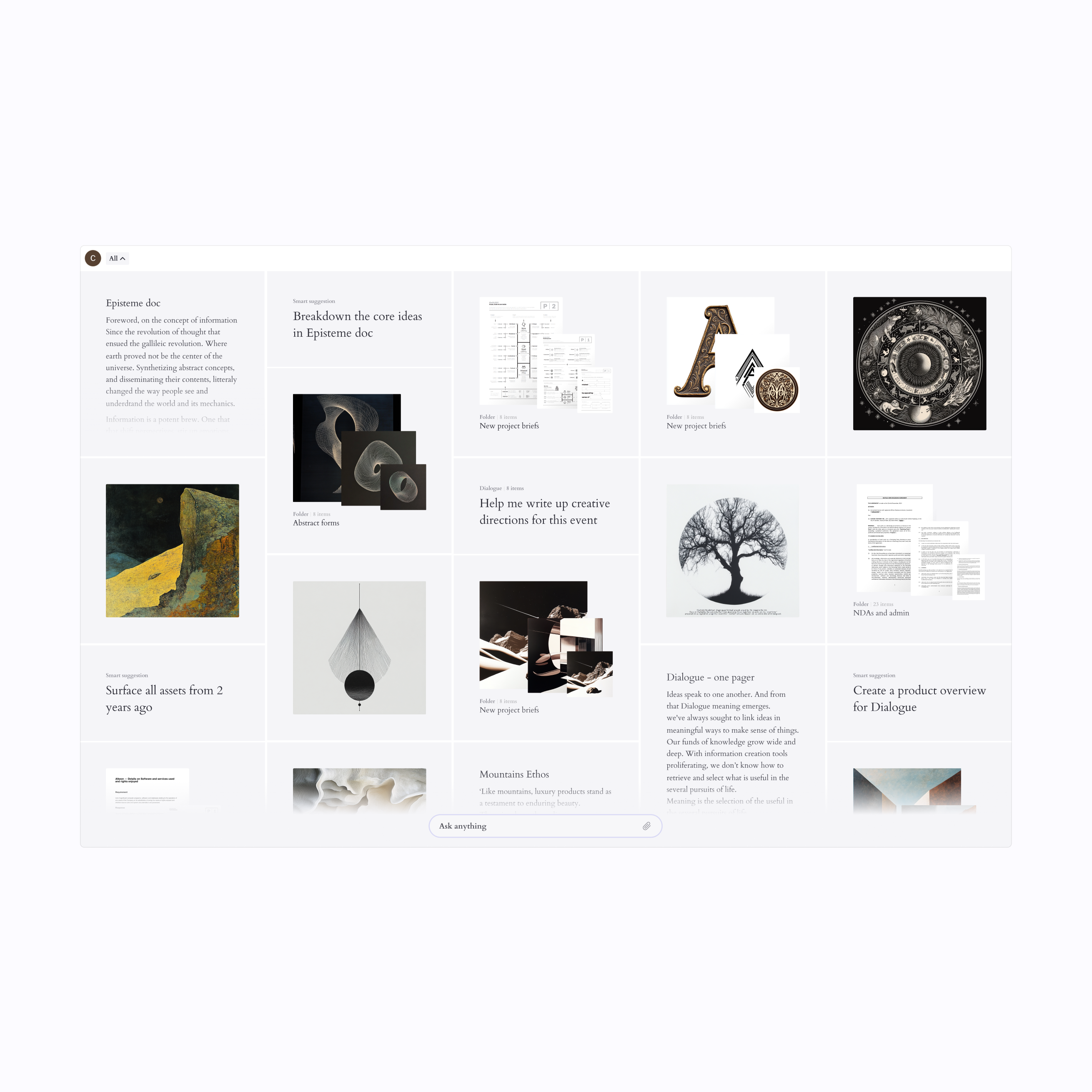 The home canvas — documents, folders, images and smart suggestions held in one multimodal field.