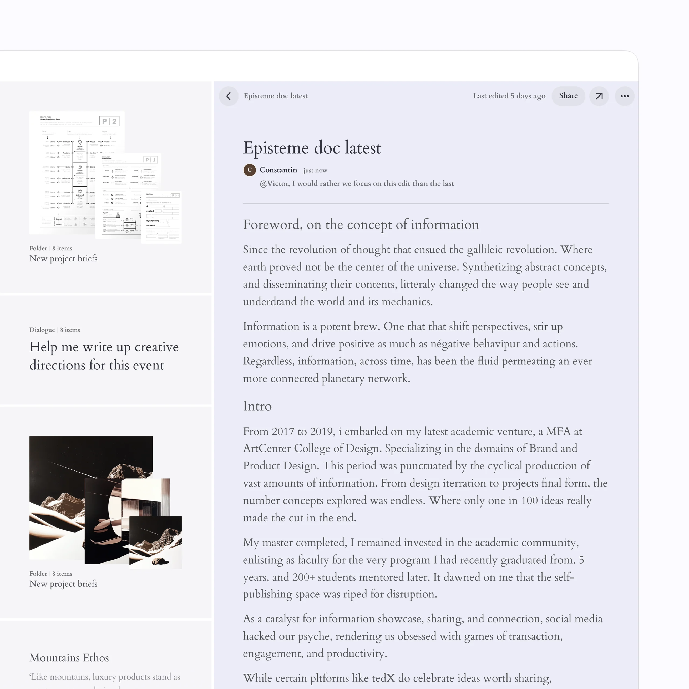 A document open with its related assets alongside — shared, and annotated in place with an @mention.