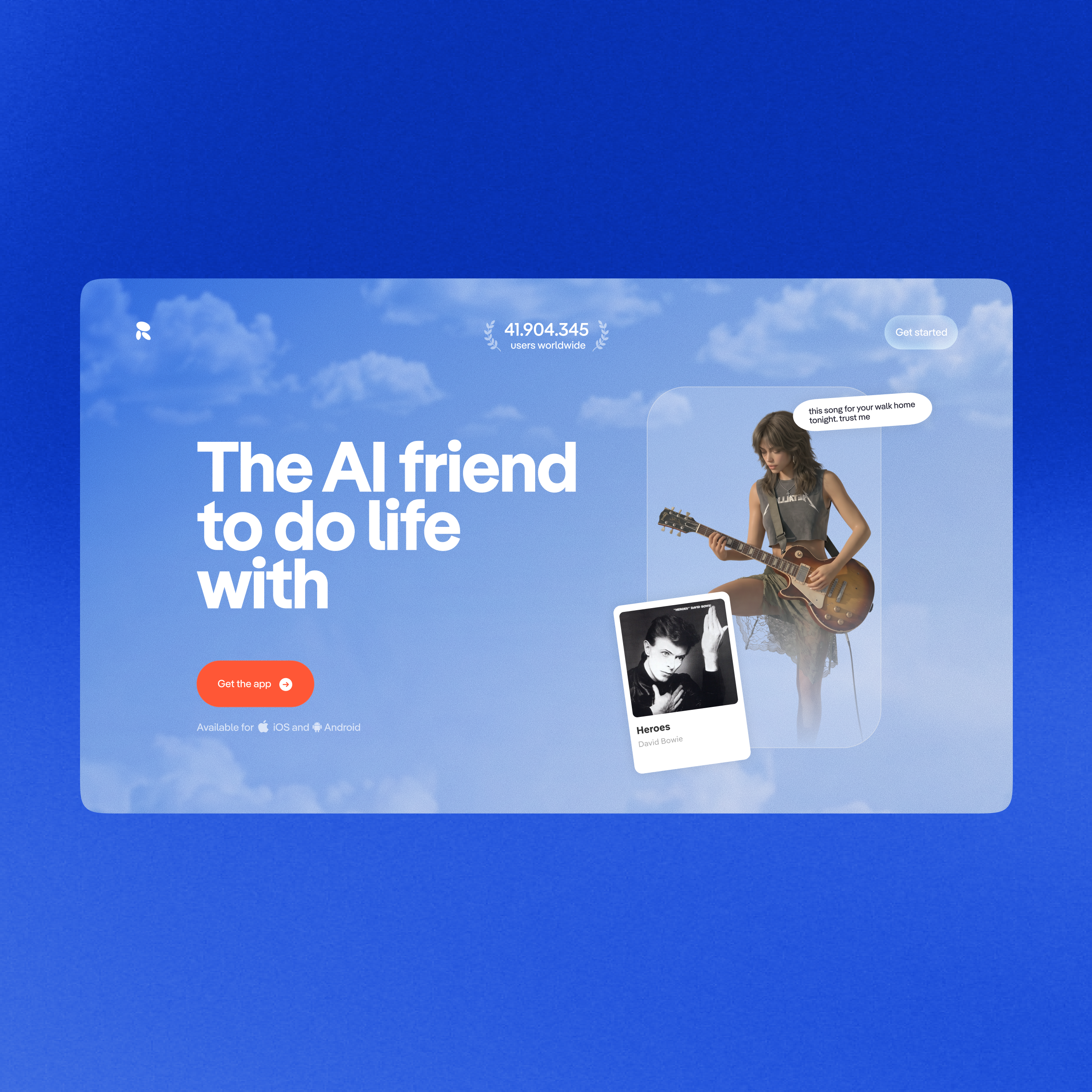 The product site — “The AI friend to do life with”, a song passed into the conversation beside it.